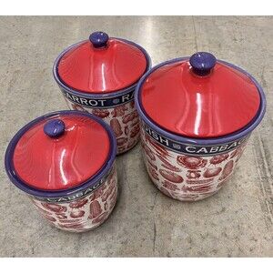Set of 3 Cracker Barrel Farm to Table Tina Higgins Cannisters Jars w/Lids